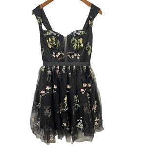 Floral Embroidered Tulle Dress Black Corset Lace Up Back Small Romantic Goth